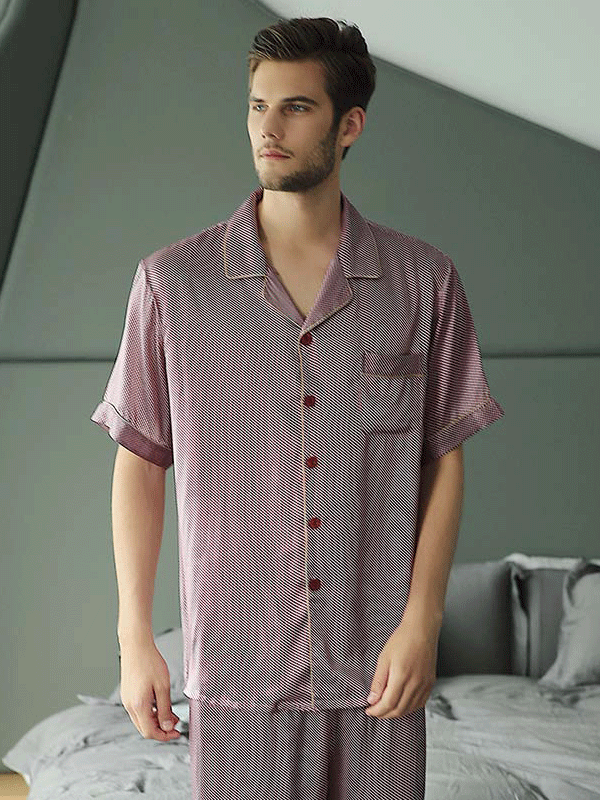 Plain Color Short Sleeves Silk Pajamas Set For Men