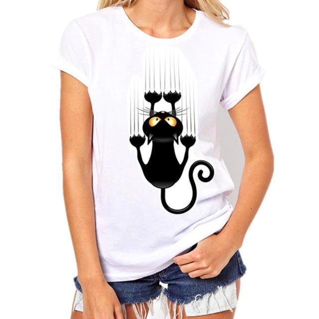 Women T Shirt Short Sleeve O-neck Casual Funny Black Cat Tops Tees-Corachic