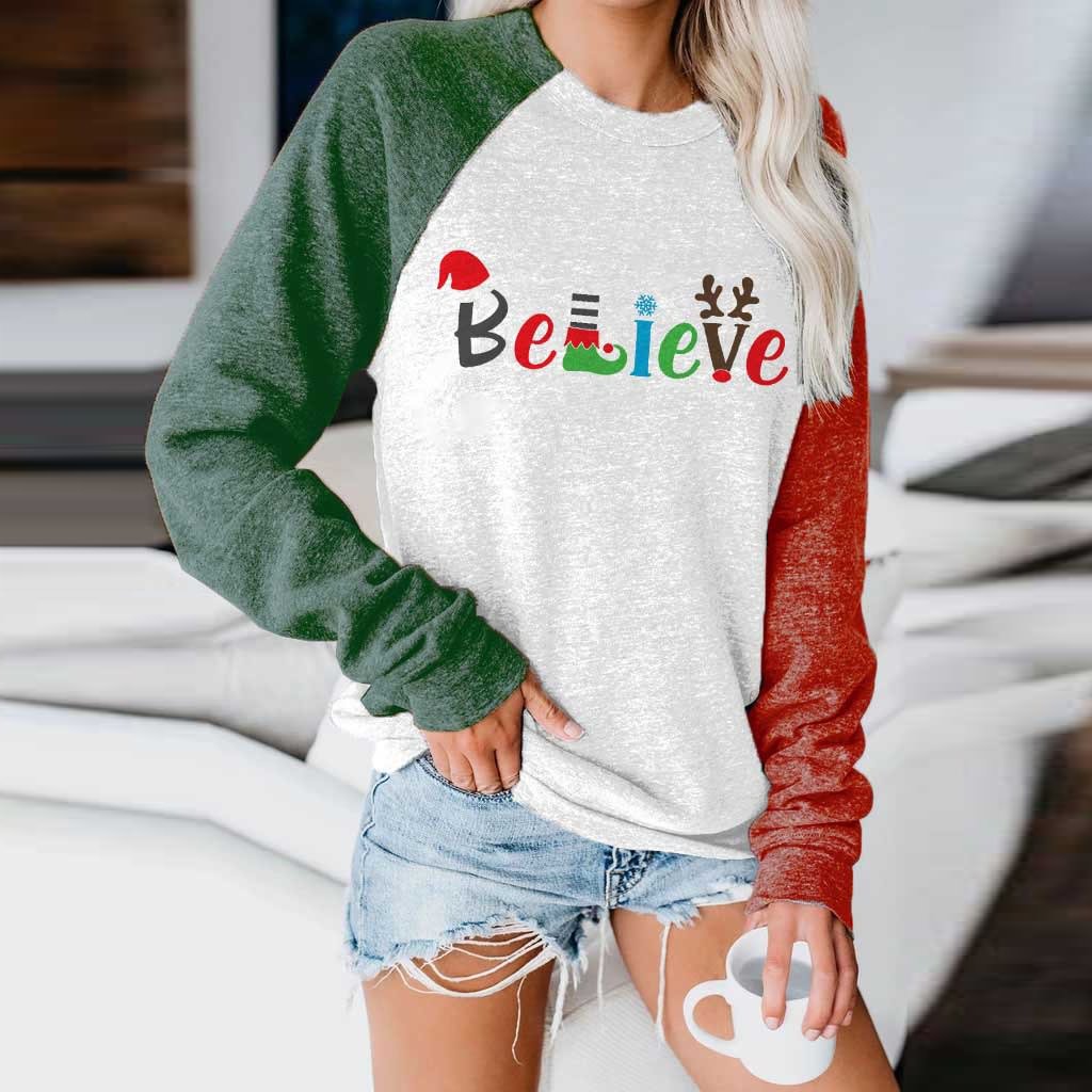 Women's Designer Sleeve Believe Christmas Sweatshirt