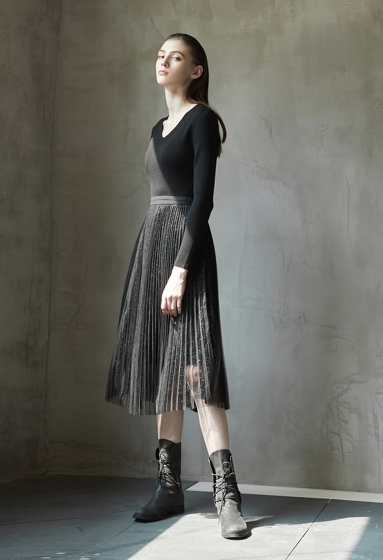 SDEER V-neck Organ Creative Stitching Wave Skirt Long-sleeved Dress