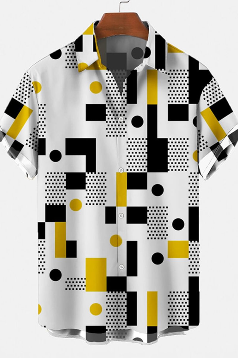Tiboyz White And Yellow Geometric Short Sleeve Shirt