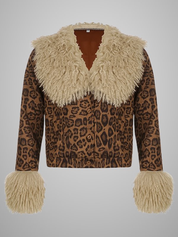 Chic Elegant Leopard Buttoned Shawl Collar Long Sleeve Paneled Jacket with Fur Collar and Cuff