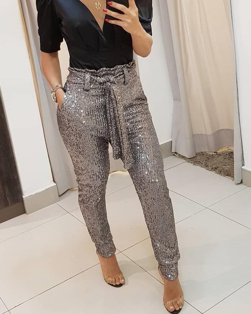 Sequined Wrap Waist Long Trousers P14580