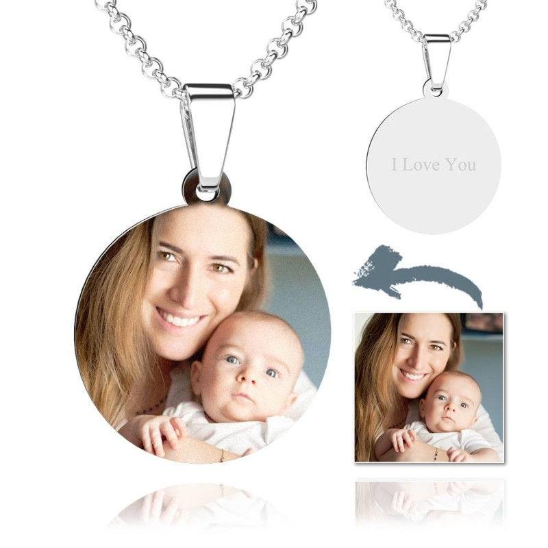 Personalized Picture Engraved Necklace Round Pendant, Custom Necklace with Picture and Text