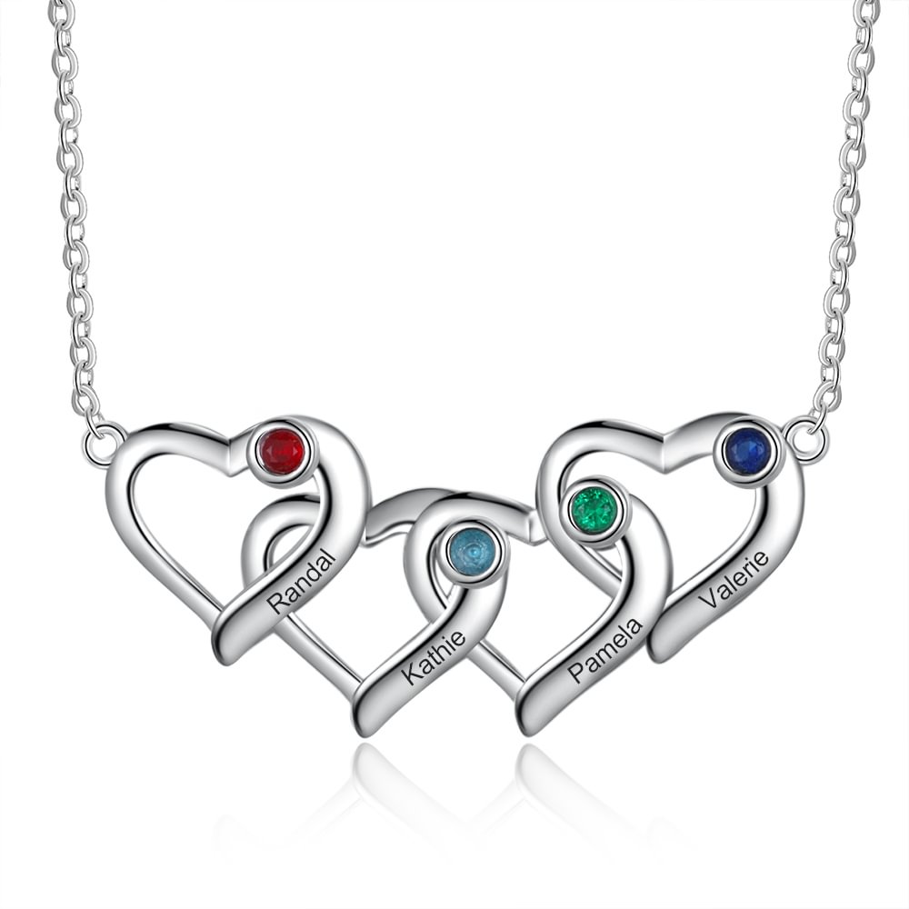 Personalized Heart Shaped Necklace，Engraved with 4 Birthstones and 4 Name