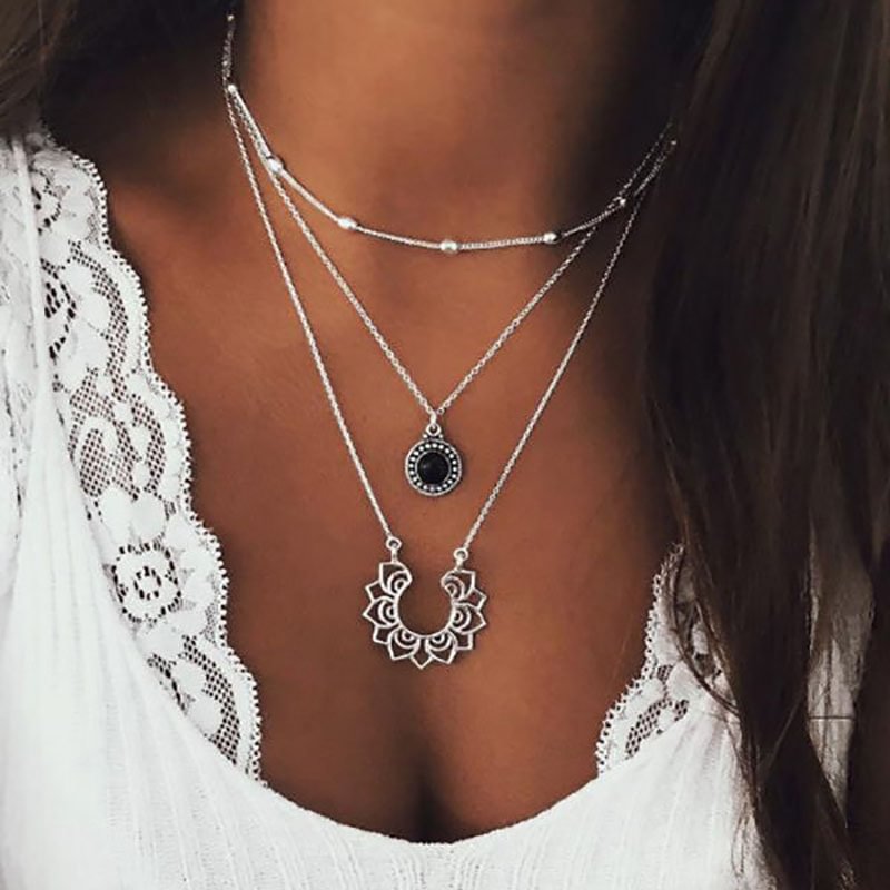 Minnieskull Women's vintage silver multilayer necklace - Minnieskull