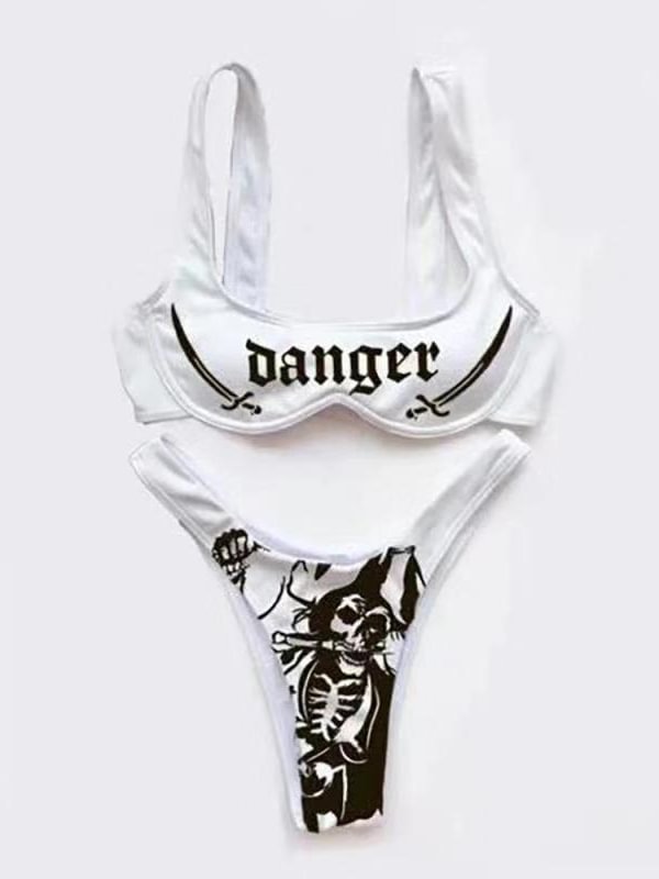 Punk Style Printed Strap Push Up High Cut Triangle Bikini Two-piece Sets Swimwear