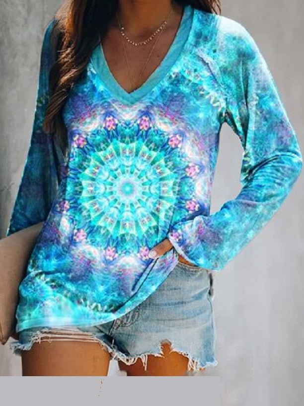 Women Casual Loose V Neck Floral Top