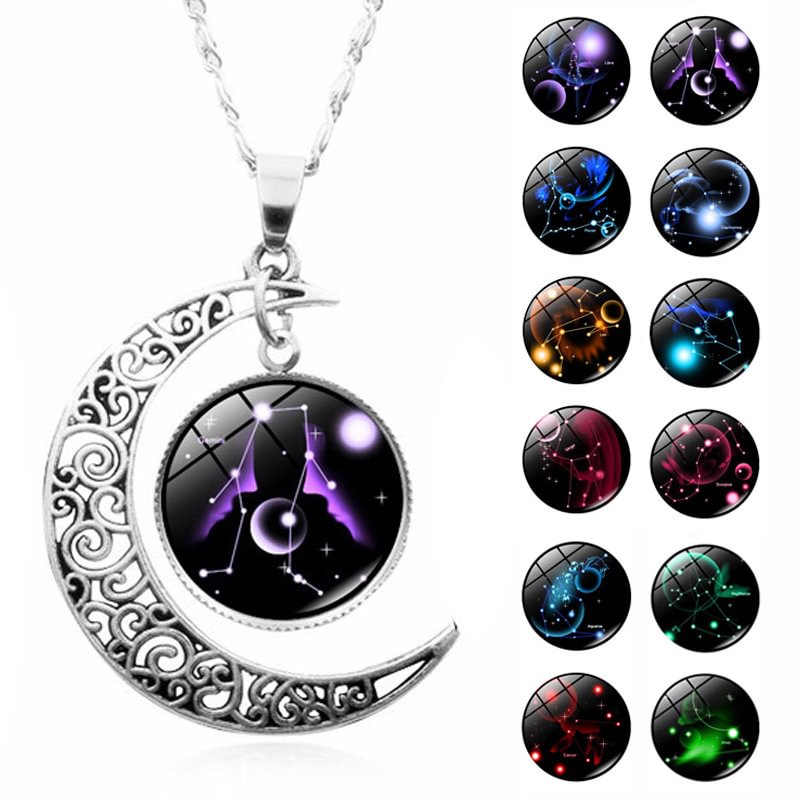 12 constellation time gem moon necklace