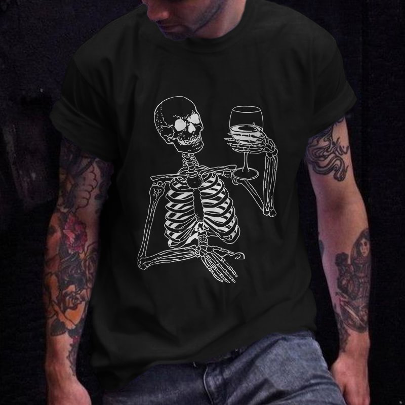 Minnieskull Skull Enjoy The Wine Printed Men's Casual T-shirt - Minnieskull
