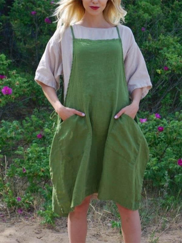 Women's Pocket Asymmetric Sleeveless Cotton Linen Dress-Mayoulove