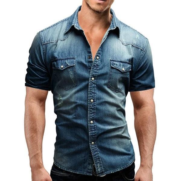 Men's Denim Short Sleeve Shirt-Corachic
