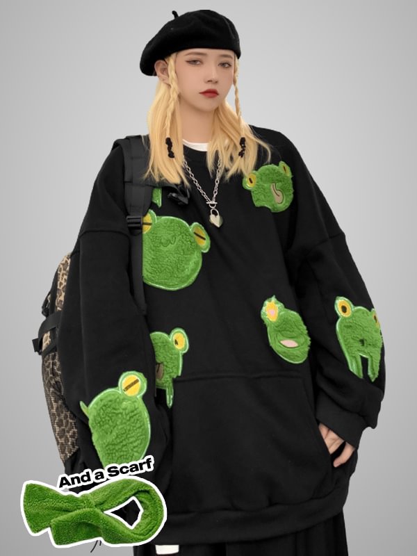 Gothic Dark Street Fashion Casual Frog Paneled Crew Collar Long Sleeve Fleece Sweatshirt with Gloves