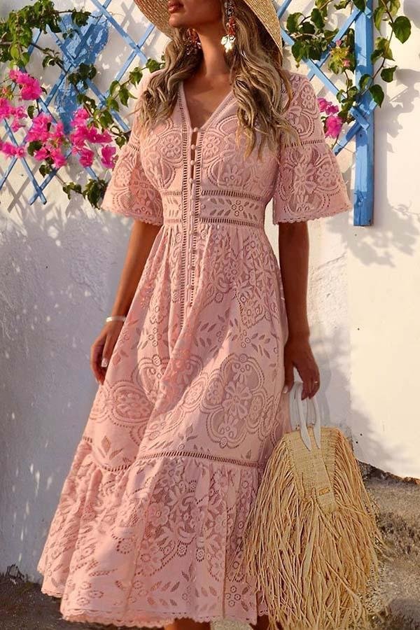 V-neck Short Sleeve Single-breasted Lace Maxi Dress (2 Colors) P16326
