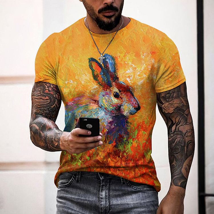 BrosWear Painting Yellow Rabbit Short Sleeve T-Shirt