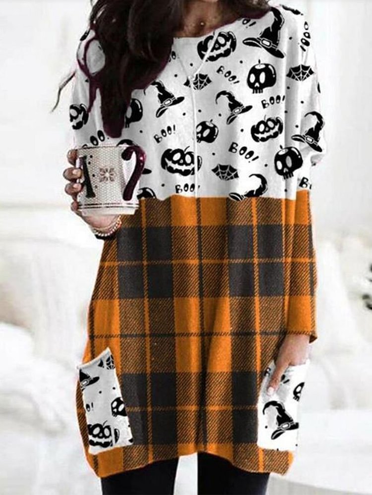 Halloween Mixed Plaid Print Color Block Casual Top-Mayoulove
