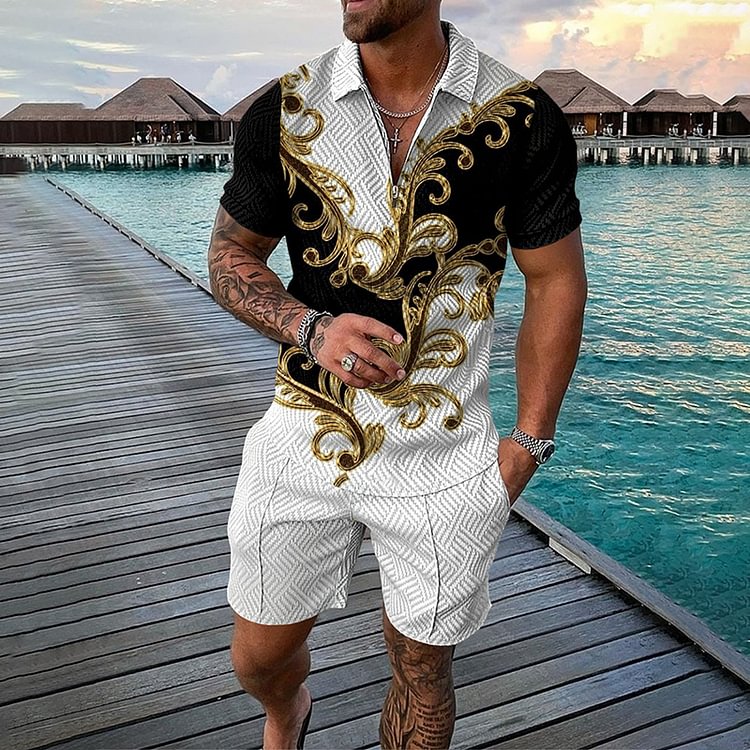 BrosWear Baroque Print Polo Shirt And Shorts Two-Piece Set