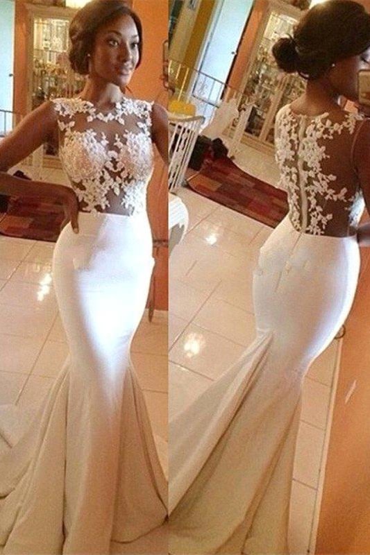 Luluslly White Sleeveless Mermaid Prom Dress With Appliques