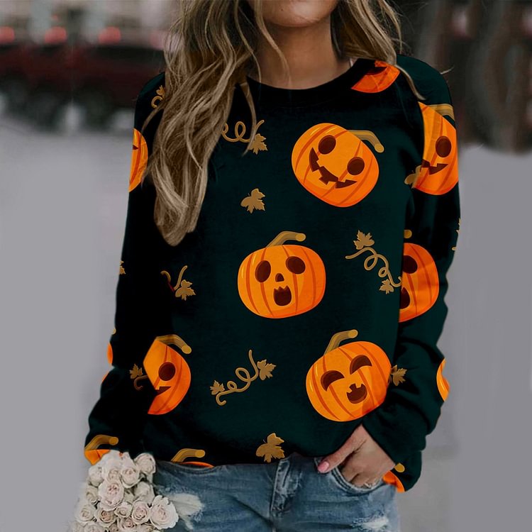 Autumn New Halloween Pumpkin round neck printed long sleeve sweater for women-Mayoulove