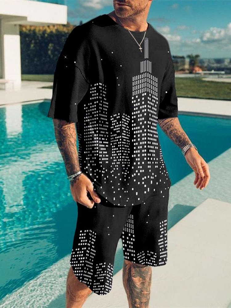 Men's Casual City Night Print Short-Sleeved Shorts Suit