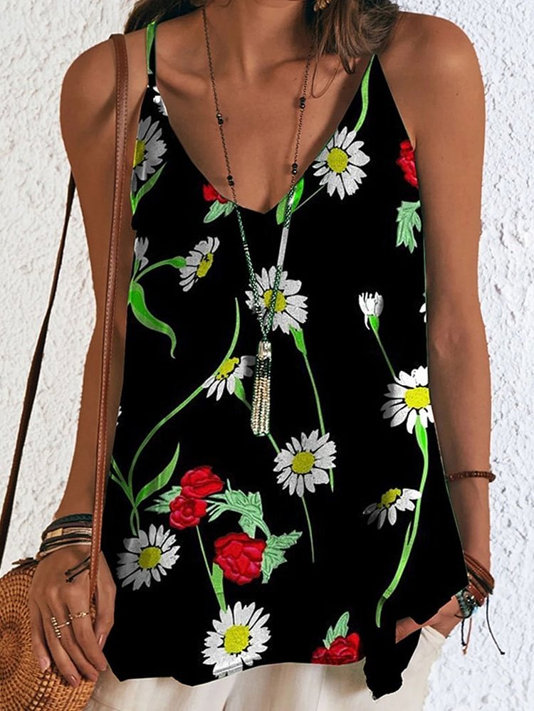 Printed Camisole Sleeveless V-neck Casual Top T-shirt-Mayoulove