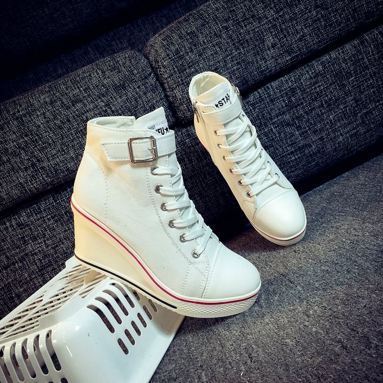 spring and autumn side zipper 8 cm increased thick bottom slope heel high top canvas shoes women's platform heel casual shoes