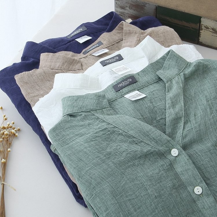 Women's cotton and linen three-quarter sleeve shirt