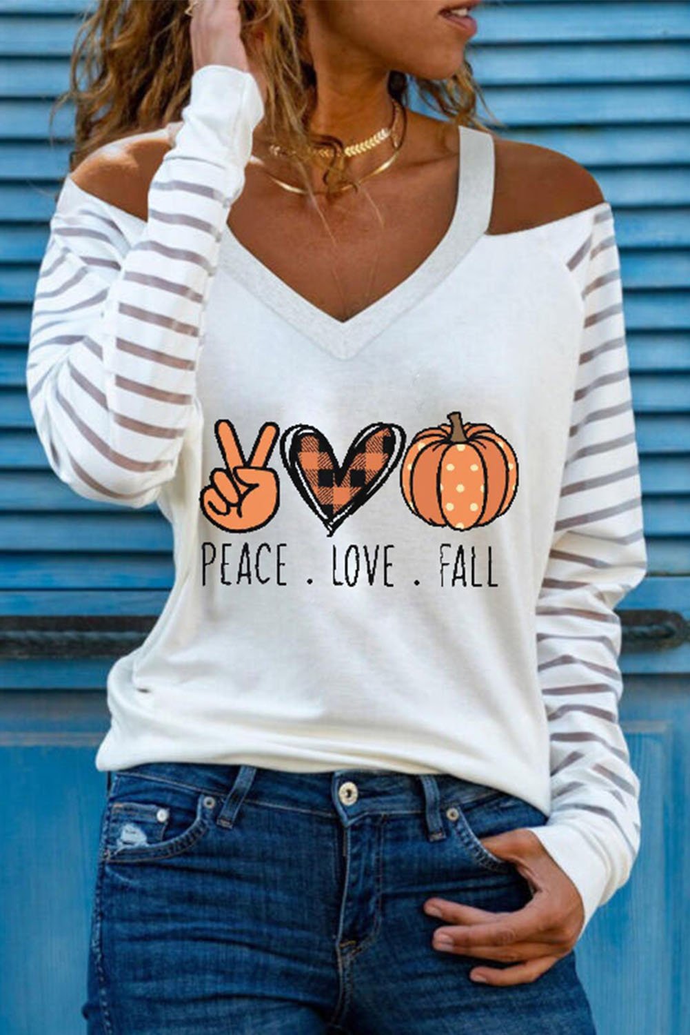 Women's T-shirts Pumpkin Heart Print Cold Shoulder T-shirt