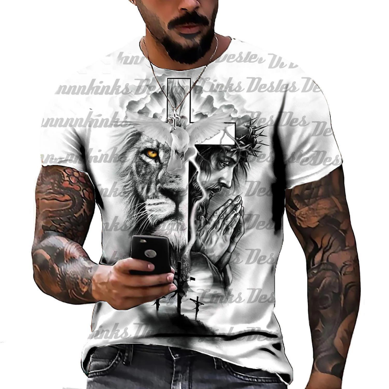 Lion&Jesus Corss Pattern Summer Short Sleeve Men's T-Shirts-VESSFUL