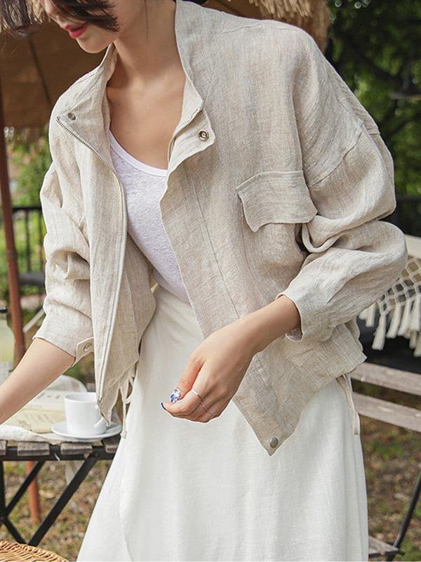 Women's Stand-collar Large Pocket Casual Cotton And Linen Jacket-Mayoulove