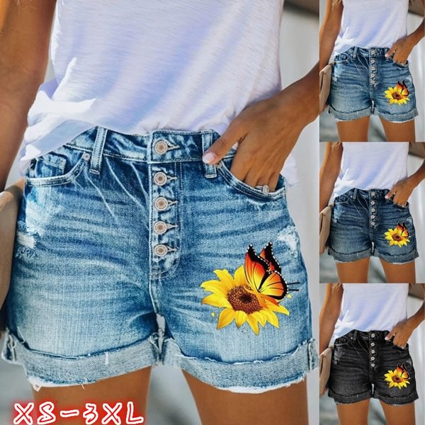 4 Colors Women High Waist Denim Jeans Cute Sunflower Butterfly Print Beach Shorts Slim Fit Skinny Leggings Hot Jeans Shorts Jeans Shorts Plus Size 5XL
