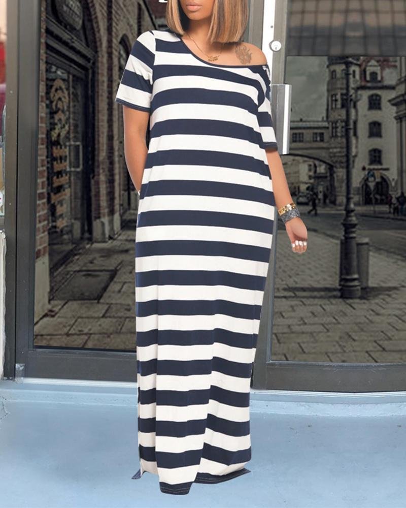 Striped Colorblock Pocket Design Casual Dress P15560