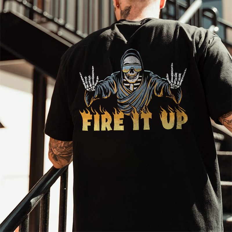 Cloeinc   Fire It Up Skeleton Wizard Graphic Cotton Men’s T-shirt - Cloeinc