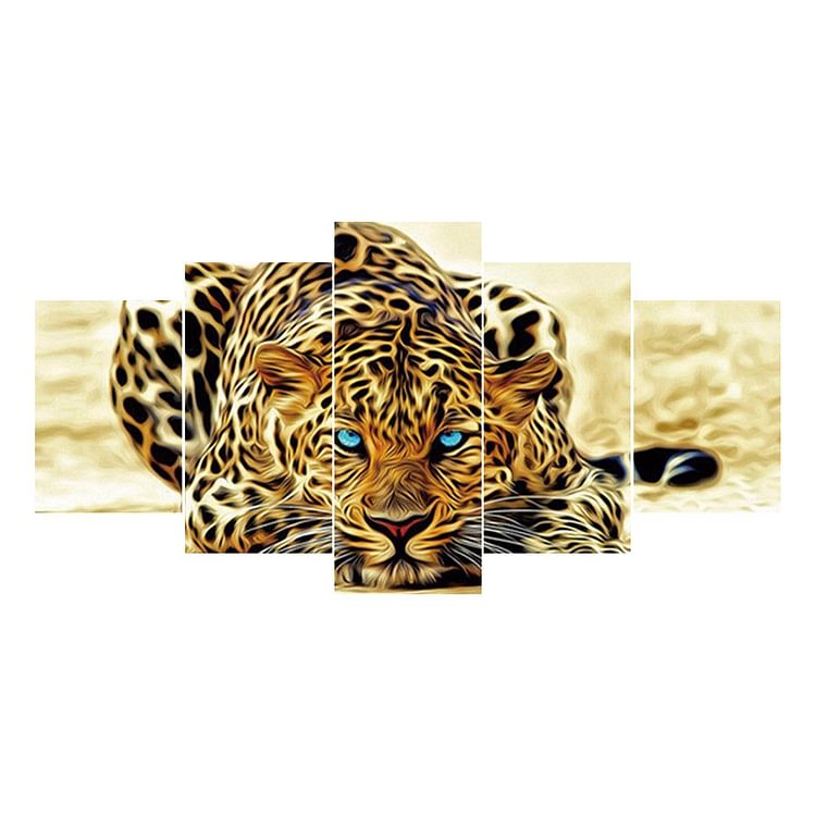 Leopard 5-pictures Round Full Drill Diamond Painting 95X45CM(Canvas)-gbfke