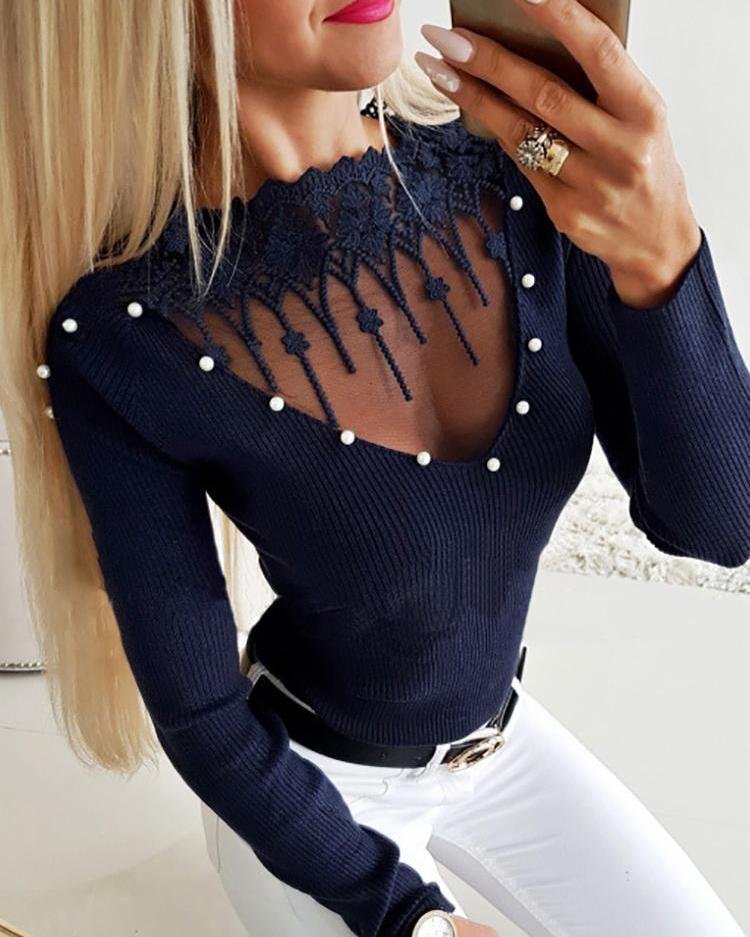 Beading & Mesh Applique Ribbed Top P10192