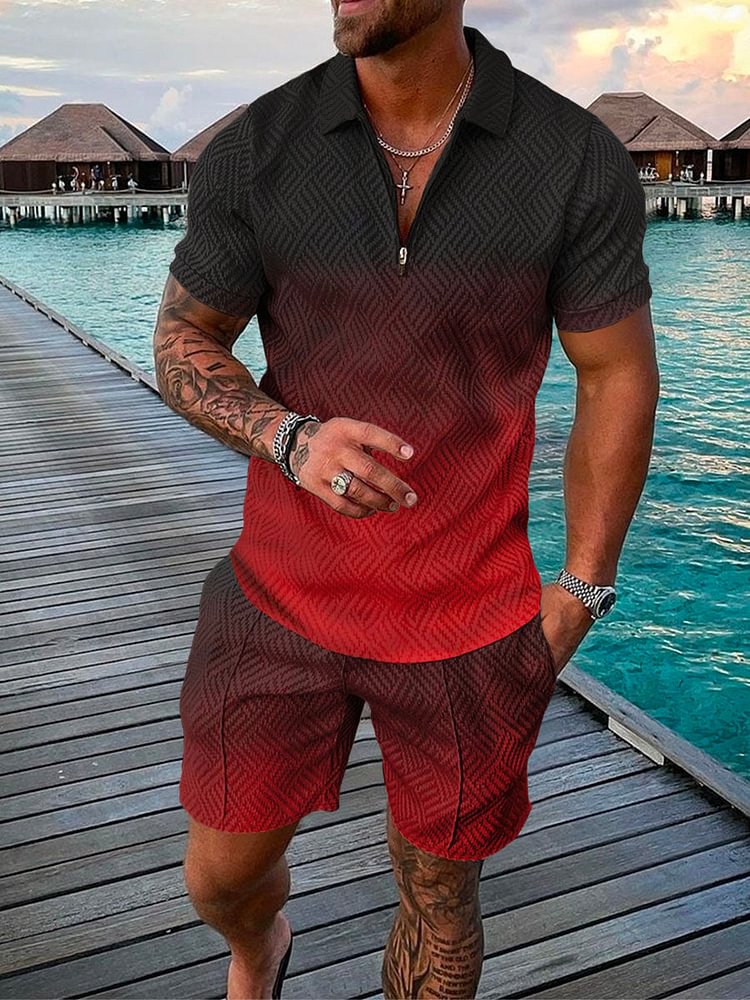 Men's Holiday Leisure Gradient Printing Red Polo Suit