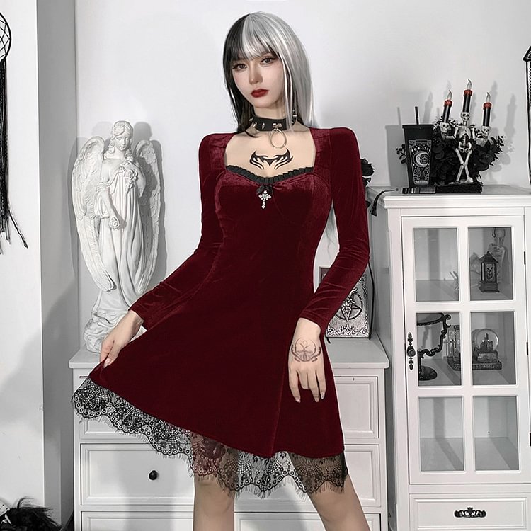 Women Halloween Gothic Lace Dress Moon Backless Dress Grunge Velvet Vintage Dress Punk Dress