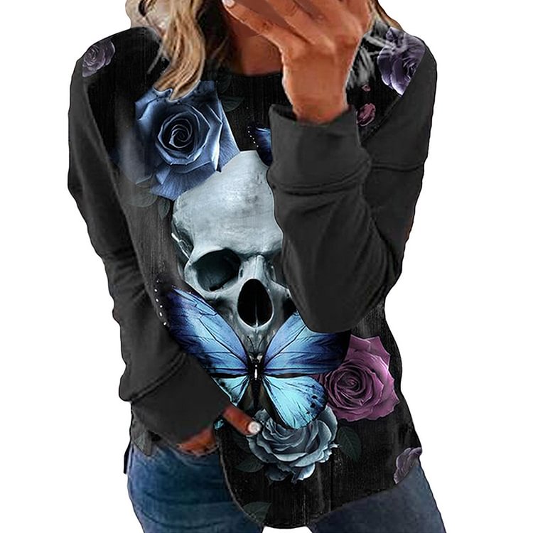 Women's Halloween Skull Print Tops Pullover Long Sleeve T-shirt
