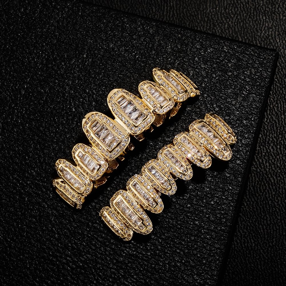 Iced Out Gold Plated Baguette Round Clustered CZ Teeth Halloween Vampire Grillz Set -VESSFUL