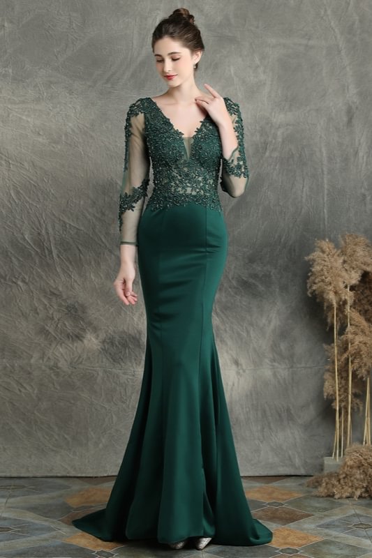 green long sleeve mermaid prom dress with lace appliques