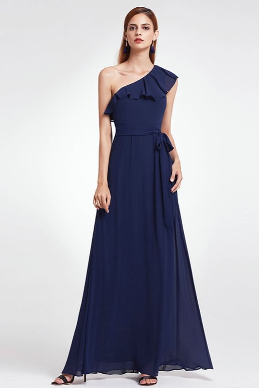 Navy Blue One Shoulder Mermaid Ruffles Long Evening Prom Dress 