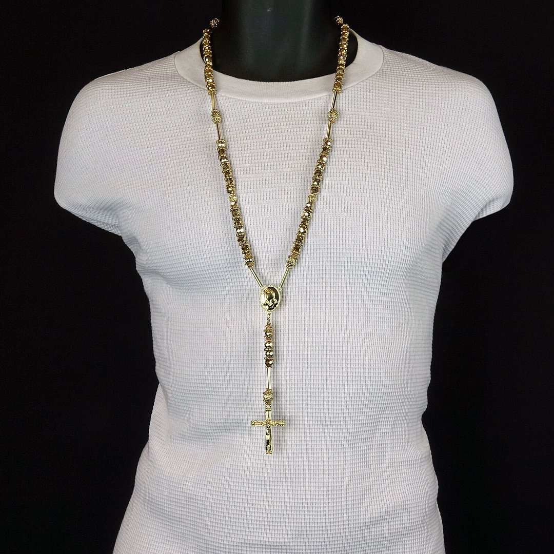 Gold Crystal Beads Rosary With PRAYER & Cross Pendants-VESSFUL