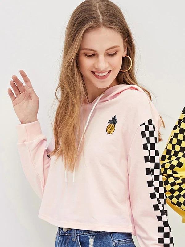Pineapple Embroidered Patch Checkered Sleeve Crop Hoodie-Corachic