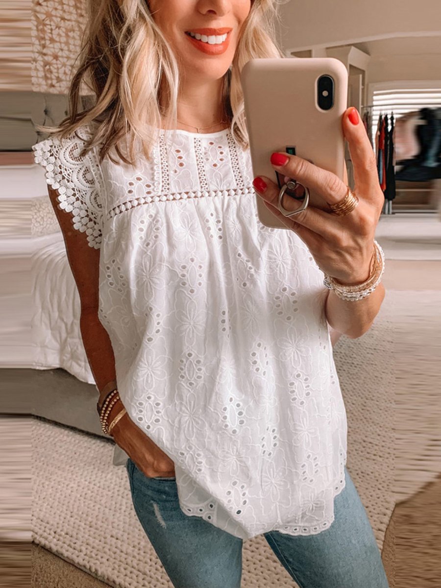 Casual Solid Color Loose Lace Blouse P10609