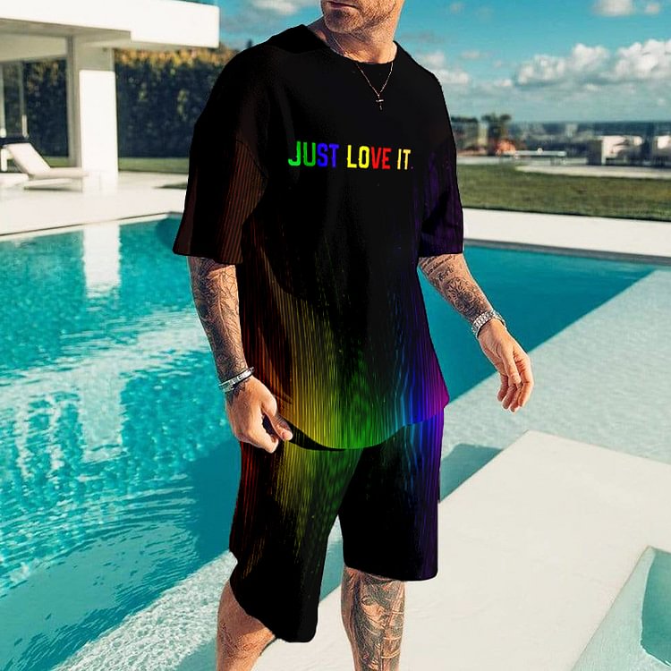 BrosWear Rainbow Just Love It Print T-Shirt And Shorts Two Piece Set