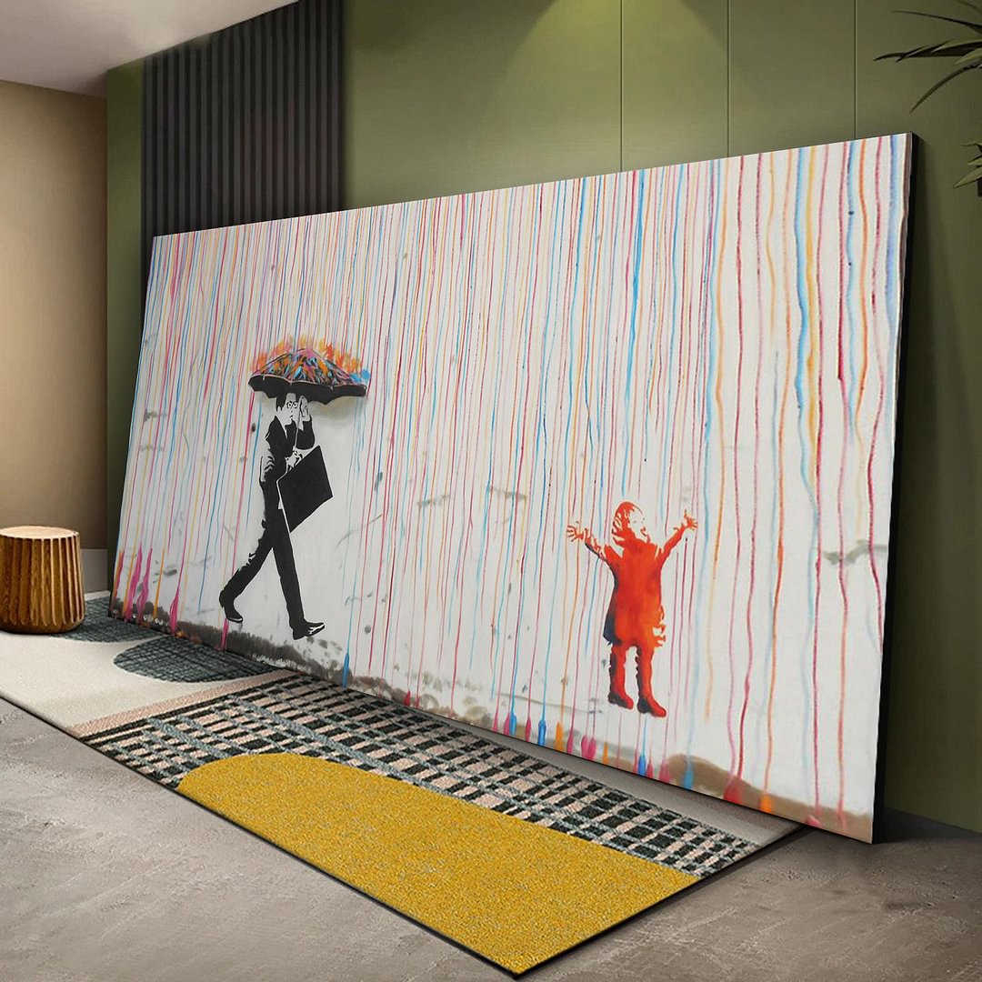 Rainbow rain man umbrella Canvas Wall Art