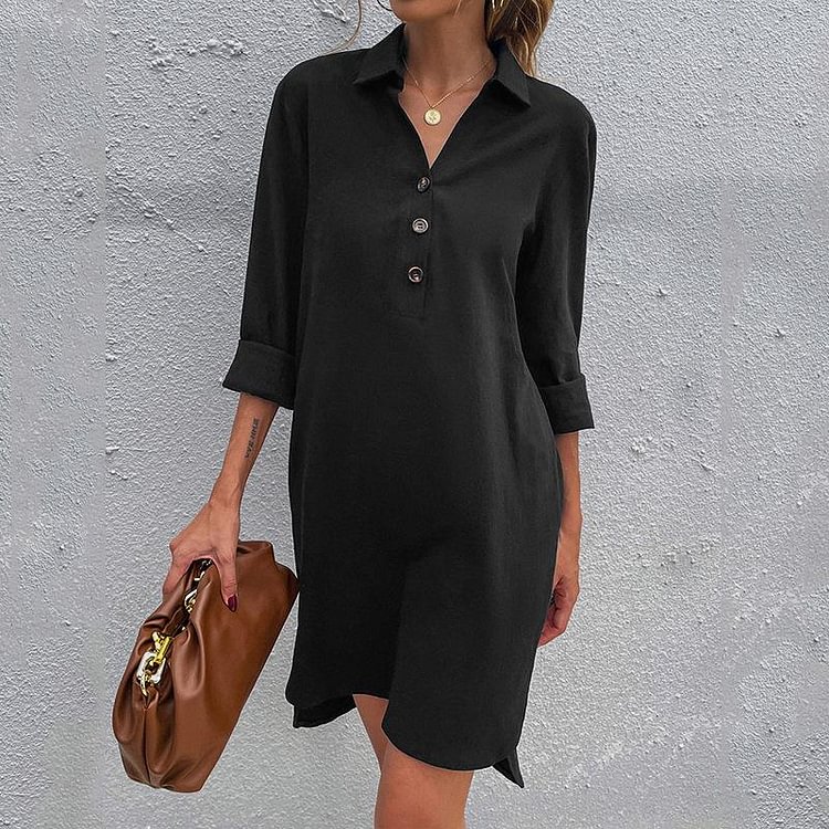 Autumn Black Long Sleeve Cotton Button Pocket Mini Dresses