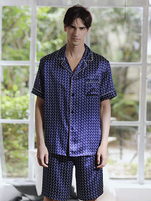 22 Momme Blue Silk Pajamas Short Set For Men