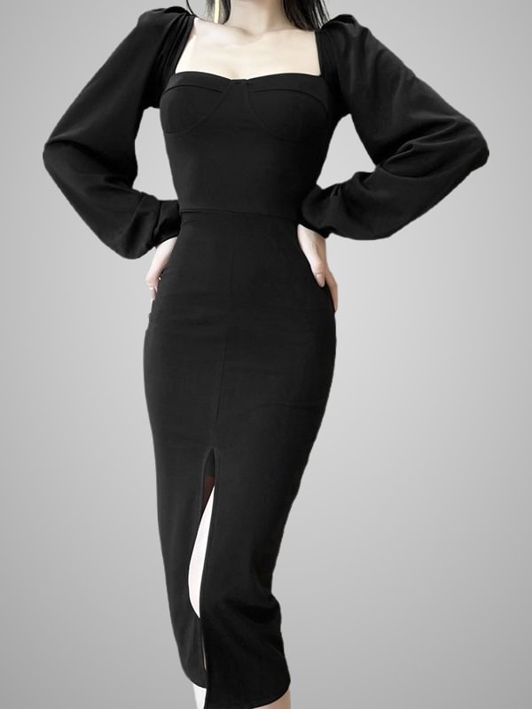 Solid Color Split Long Sleeve Square Neck Bodycon Dress