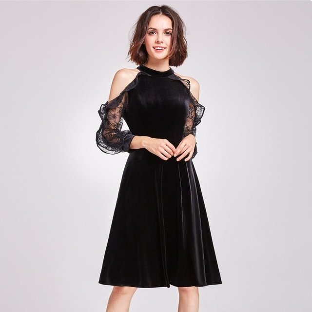 Velvet Off-the-Shoulde Ruffle Sleeves Homecoming Dress Lace Halter Short Prom Dress